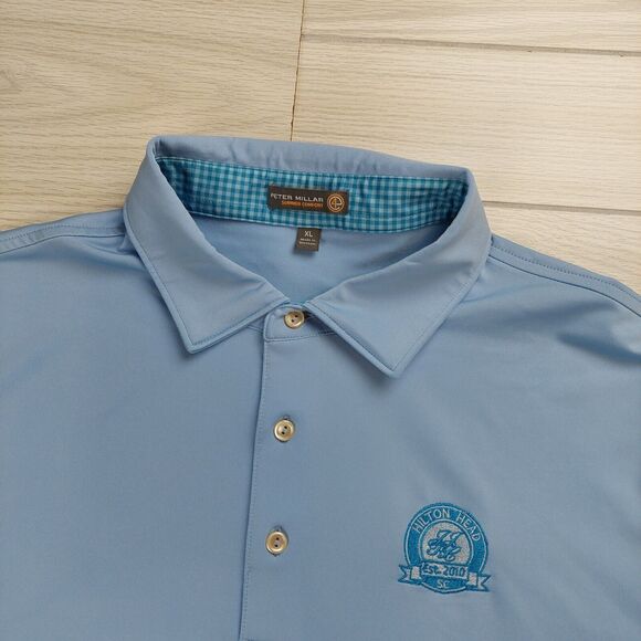 Peter Millar Summer Comfort‎ Golf Polo Shirt Mens XL Blue Hilton Head SC *Flaw* - Picture 2 of 9